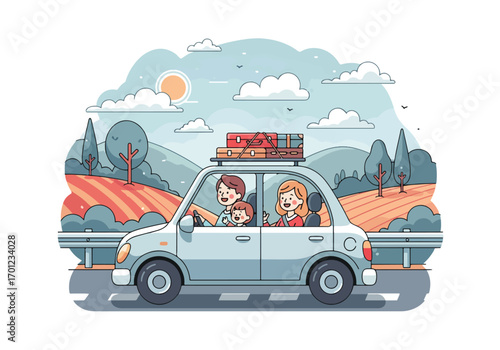 Adobe illustrator artwork vector illustration of a happy family traveling in a car packed with luggage, enjoying a road trip through a scenic landscape under a sunny sky
