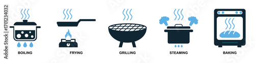 Set of cooking icon vector. Perfect for menus, food blogs, and kitchen themes. A versatile collection of simple, recognizable symbols representing various cooking activities and tools.
