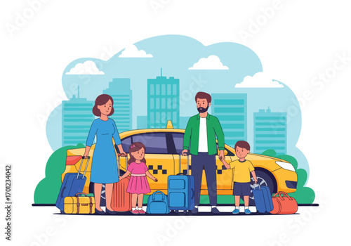 Adobe illustrator artwork vector illustration of a happy family of four, parents and two children, with luggage next to a yellow taxi, ready to travel in a city setting