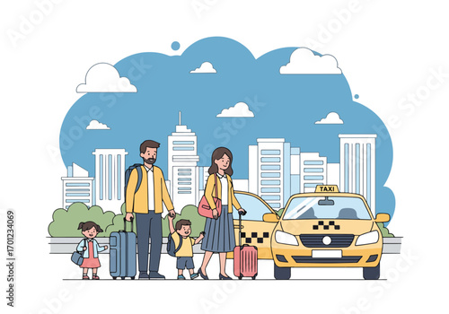 Adobe illustrator artwork vector illustration of a happy family of four, parents and two children, with luggage next to a yellow taxi, ready to travel in a city setting