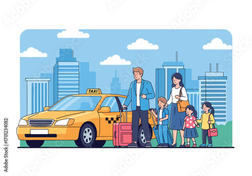 Adobe illustrator artwork vector illustration of a happy family of four, parents and two children, with luggage next to a yellow taxi, ready to travel in a city setting