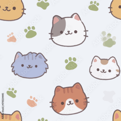 Adorable cats and paw prints create a playful pattern on a light background. This design is ideal for various crafts and home decor projects featuring pets.