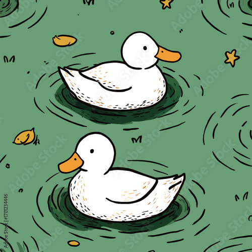 Two white ducks glide peacefully on the surface of a pond, creating ripples in the water. The setting is filled with lush greenery and small leaves.