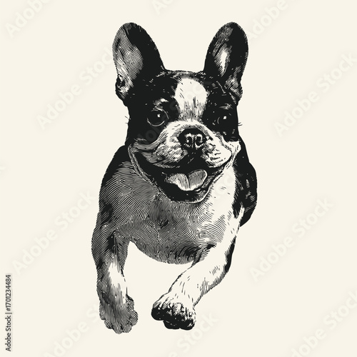 A French Bulldog is captured mid-run with an eager expression. Its ears are perked up, showcasing excitement and playfulness in a bright environment.