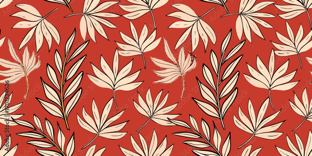 Fototapeta premium Seamless pattern of stylized palm leaves in cream and black on a terracotta red background