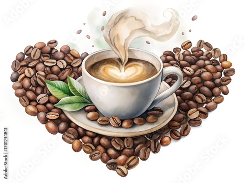 Heart Shaped Coffee Bean Arrangement with Steaming Cup and Green Leaves Illustration