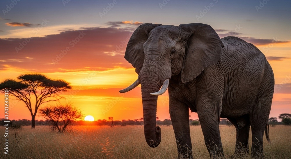 Obraz premium Majestic African Elephant in Golden Hour Savanna: Vibrant Sunset Wildlife Portrait