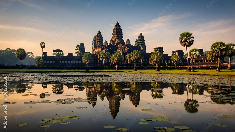 Naklejka premium Angkor wat sunrise reflection cambodia landscape photography serene background tranquil environment