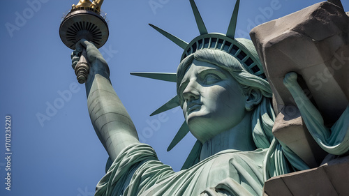 Majestic statue of liberty new york monument photography clear sky background close-up viewpoint symbol of freedom
