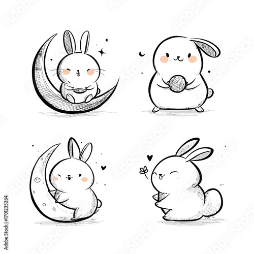 Four adorable rabbits depicted in a charming style, enjoying various activities under a crescent moon, showcasing playful and joyful moments.