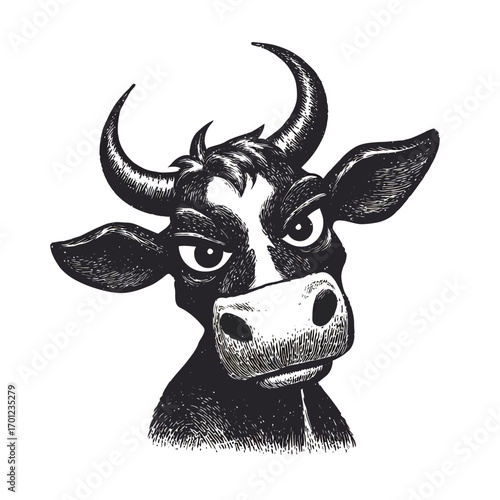 A black and white illustration showcases a cow looking confidently at the viewer with a playful expression. This artwork reflects rural life and agricultural themes.