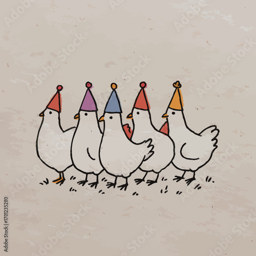 A group of five chickens stand together, each wearing a unique colorful party hat. They appear festive and cheerful, creating a fun atmosphere in a grass area.
