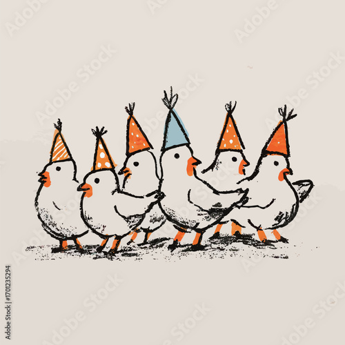 A group of seven birds adorned in vibrant party hats come together in a joyful display of celebration. Their cheerful demeanor showcases a festive atmosphere.