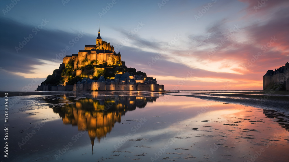 Fototapeta premium Majestic sunset over mont saint-michel france landscape image tranquil background reflection