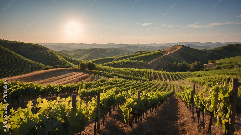 Fototapeta premium Breathtaking vineyard sunset tuscany landscape photography lush background serene environment panoramic view