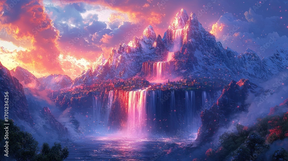 Naklejka premium Majestic waterfall cascading down a snow-capped mountain at sunset.