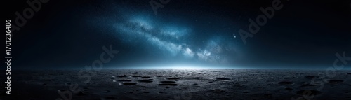 Moon Crater Nightscape concept. Starlit ocean with a glowing horizon under a night sky.
