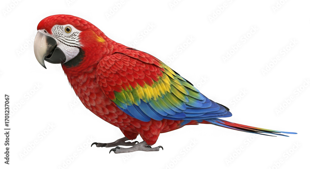 Fototapeta premium Vibrant scarlet macaw parrot perched majestic colorful plumage exotic avian wildlife close-up portrait tropical bird species transparent background