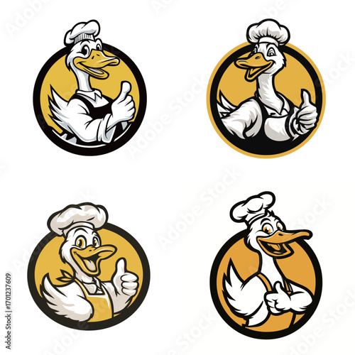 Four joyful cartoon ducks wearing chef hats and uniforms smile and give thumbs up in a vibrant, circular design. Each duck has a unique expression, showcasing enthusiasm.