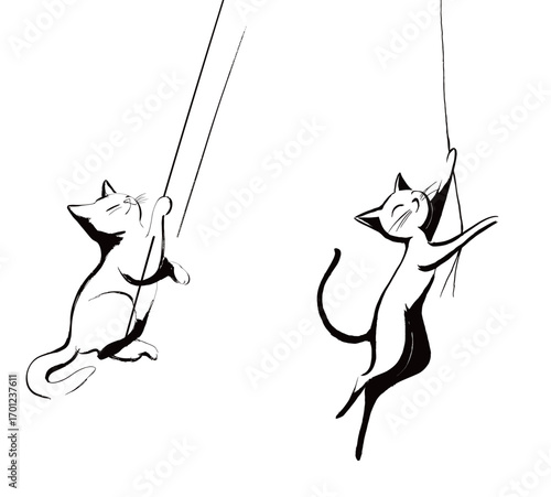 Two cats are playfully climbing up ropes, displaying their agility and curiosity in a charming, whimsical style. Both appear joyful and engaged in their activity.