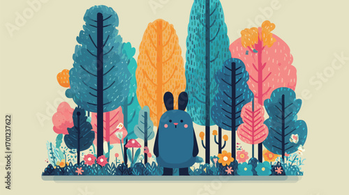A cute cartoon rabbit stands among colorful trees and flowers in a whimsical forest. The lively scene features an array of bright foliage and playful elements.
