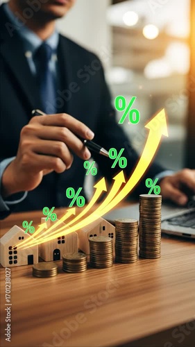A businessman coin house percentage growth finance investment success with profit chart arrow increase economy wealth planning saving banking real