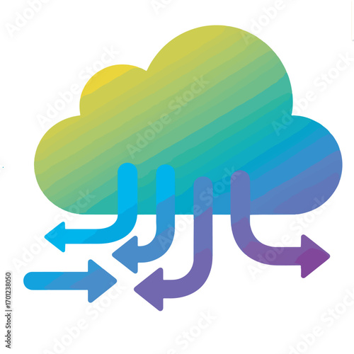 Vibrant gradient cloud icon with multiple arrows representing data flow, digital information transfer, and network distribution services