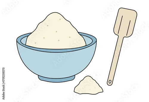 Bowl of flour with spatula illustration for baking ingredient, cooking preparation, and kitchen utensil concept design