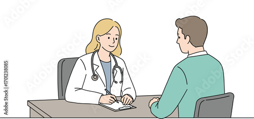 Female doctor consulting male patient at clinic, writing medical notes during appointment, healthcare, diagnosis, checkup, professional medical care and patient communication illustration concept