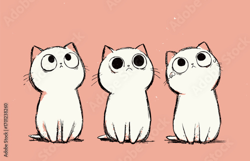 Three adorable cartoon cats with large eyes are sitting closely together against a soft pink backdrop. Each cat has a unique expression, adding charm.