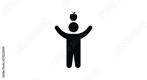 a figure balancing an apple on its head with arms raised