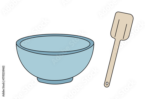 Empty bowl with spatula illustration for cooking preparation, baking utensil, and kitchen tool concept design