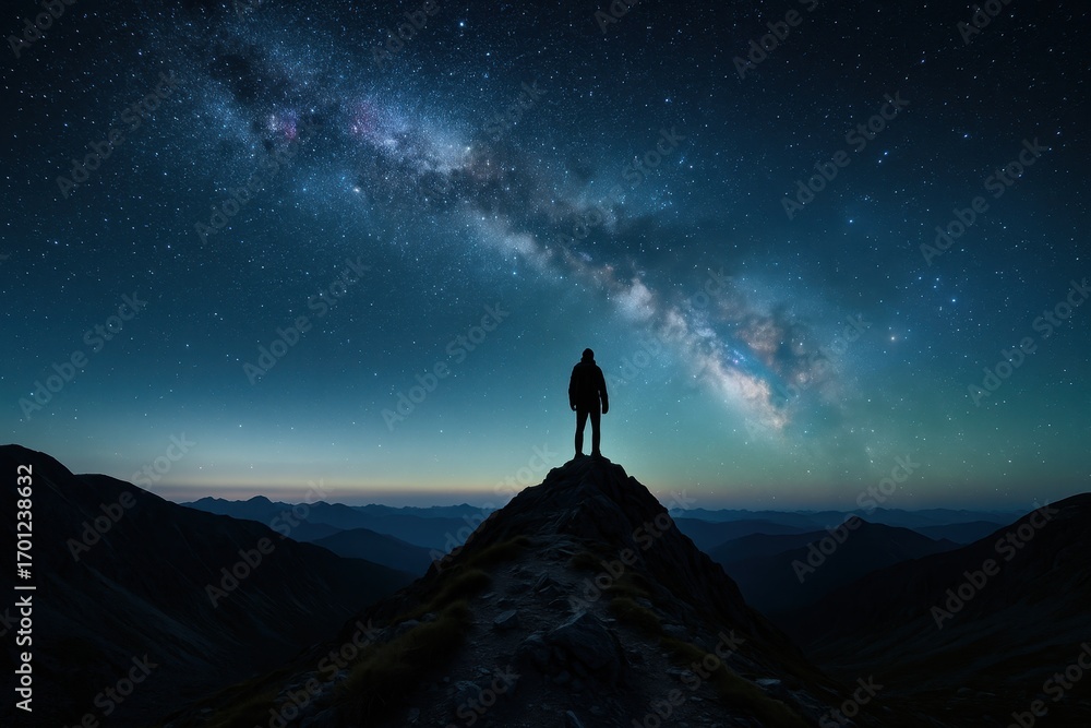 Fototapeta premium Silhouette adventurer on alpine peak gazing at the Milky Way under crystal clear starry night sky epic horizon and dramatic cosmic panorama