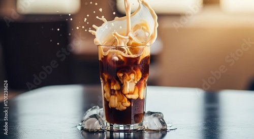 Iced coffee coffee drink beverage splash ice cold refreshment summer caffeine latte glass