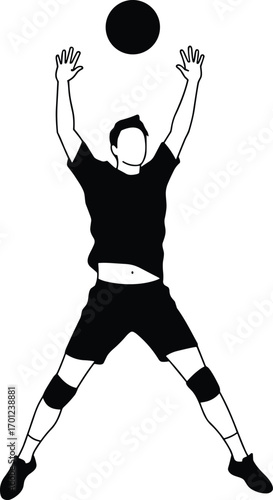 Silhouette of athlete jumping to hit volleyball, sports training, fitness activity, action pose, black and white vector, isolated background, sports illustration, workout moment