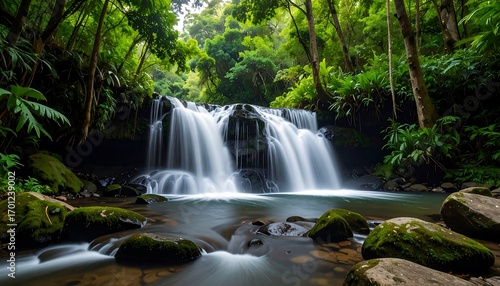 Cascading waterfall flows into a pool surrounded by lush, dense, green forest