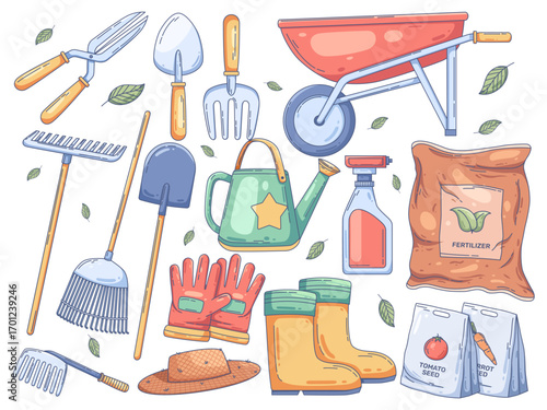 set of illustrations featuring essential gardening tools and supplies, including a wheelbarrow, watering can, seed packets, gloves, boots, hat, shovels, rakes, and fertilizer.