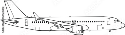 Airplane line drawing, jet aircraft illustration, commercial plane sketch, passenger airline graphic, aviation transport, travel vehicle image, isolated design