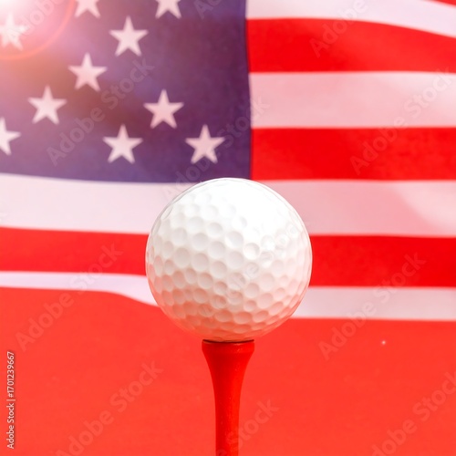 Golf ball on tee, American flag background