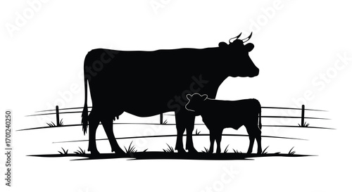 a cow and calf standing together near a fence