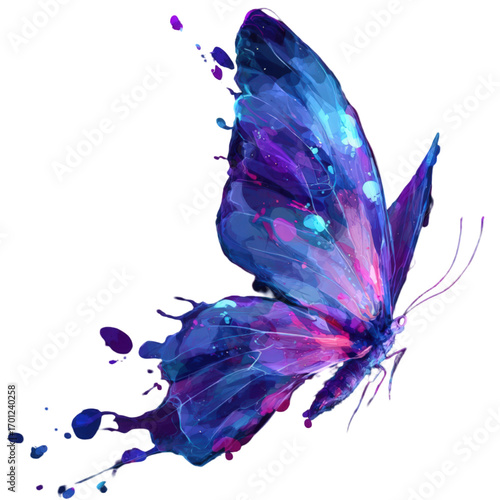 Artistic watercolor butterfly in shades of blue and purple.