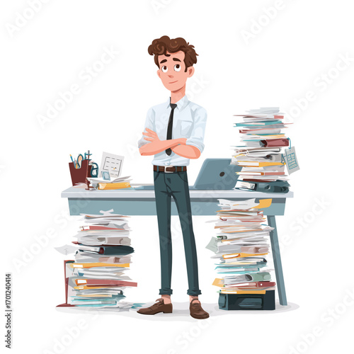 A young man in formal attire stands confidently in a cluttered office. Papers are stacked high on his desk, showcasing the busy workspace atmosphere.