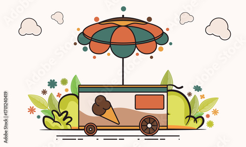 Gardening Floral Cream Stall Hand Push Wheels City Truck Umbrella Landscape Vector Illustration