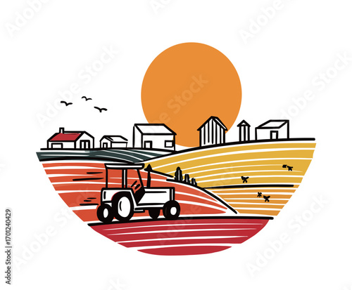 A tractor moves across colorful fields as the sun sets behind rural buildings. Birds fly in the evening sky, adding life to the tranquil farmland landscape.