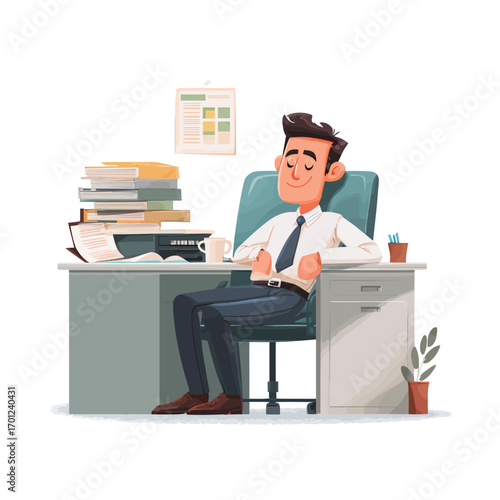 A man sits comfortably at a cluttered desk, enjoying a moment of relaxation amidst stacks of paperwork, a cup of coffee, and a potted plant.