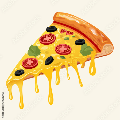 Delicious pizza slice with melted cheese, tomato, and olives for tasty menu design