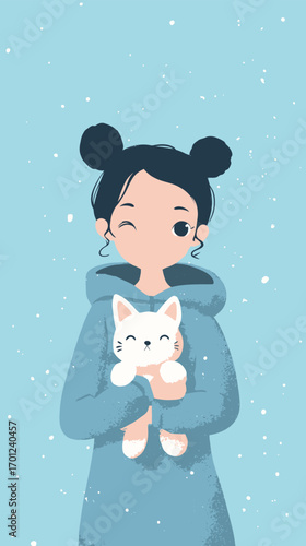 A young girl wearing a blue hoodie stands happily in a winter setting, holding a white cat close while flakes of snow gently fall.