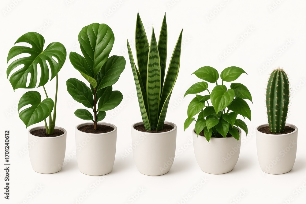 Fototapeta premium Collection of indoor tropical houseplants in ceramic pots isolated on white background detailed cutouts with realistic shadows modern botanical bundle