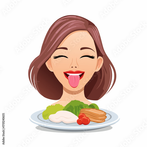 Delighted Woman's Face with Tongue Out, Enjoying Healthy Food on a Plate
