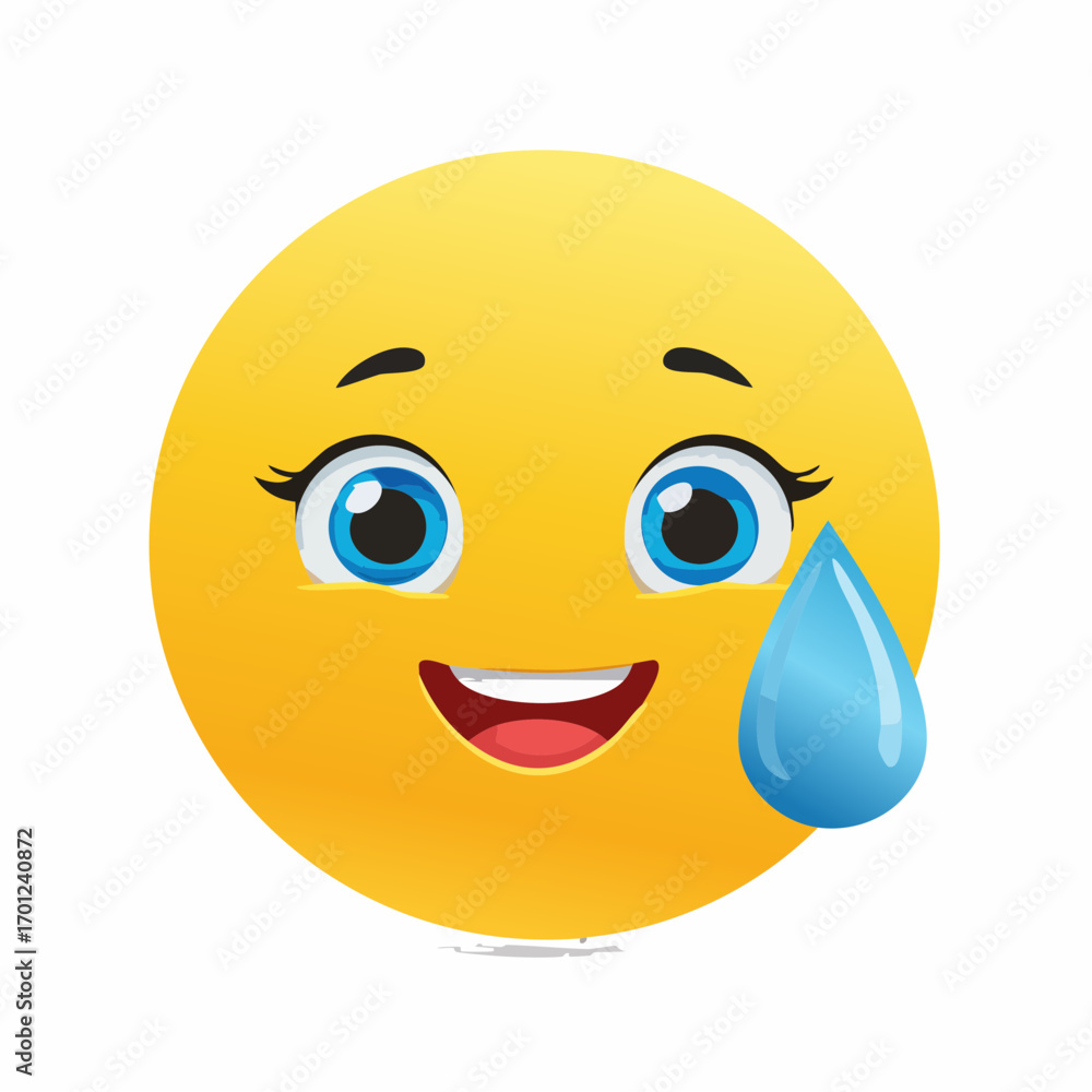 Fototapeta premium Smiling Yellow Face with Teary Eyes and Single Blue Teardrop - Vector Emoticon Illustration